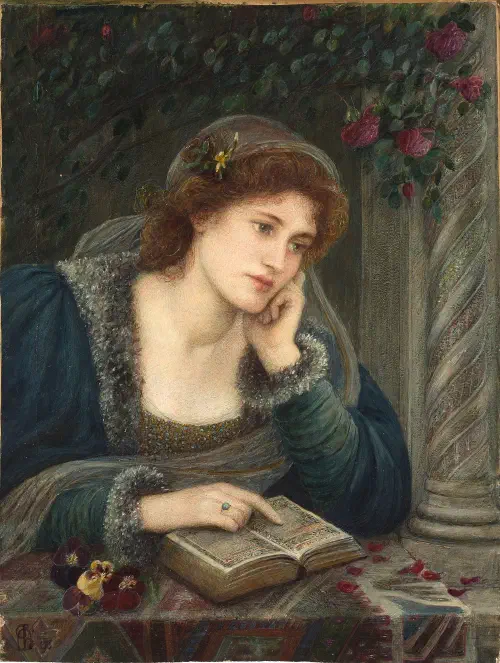 Loosely inspired by the writings of the early Renaissance poet Dante Alighieri (1265–1321), this painting depicts his beloved Beatrice who appears in both the Vita Nuova and Purgatory. While Dante’s Beatrice is described in terms of the divine, Stillman paints a more earthly beauty, lost in thought as she contemplates her reading.