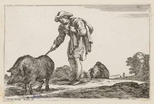Della Bella, Stefano (dit Étienne de la Belle) (Florence, 18–05–1610 - Florence, 22–08–1664), graveur Mariette, Pierre I (vers 1603 - en 17–12–1657), editeur d'estampes Autres titres : Suite de douze paysages. Un paysan chassant un cochon devant lui. Dixième numéro d'une suite de 12 pièces. (A. de Vesme 778 ; Dutuit 147) (Titre principal), Suite de douze paysages (Titre de la série) Datation en siècle: 17e siècle
