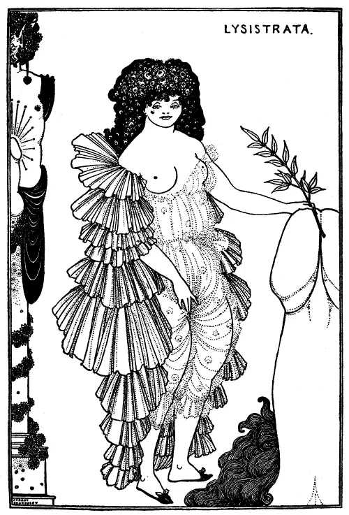 Lysistrata, Aubrey Beardsley, 1896. Lysistrata tend une branche d'olivier à son ennemi, le pénis.